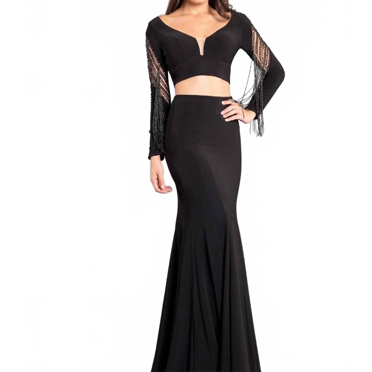 New Rachel Allan Two-Piece Jersey Evening Gown With Fringe In Black